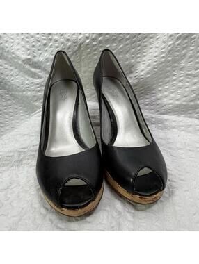 LOFT High Heels Cork Bottoms Black Leather Peep Toe Sz 7.5 Classy Comfortable